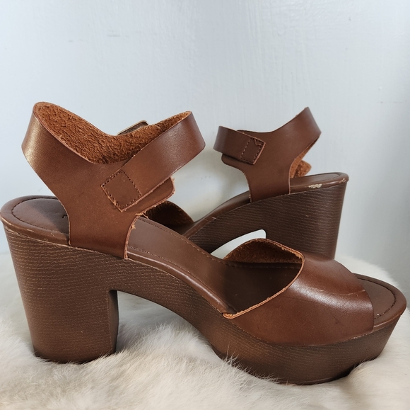 Forever 21 Brown Wood & Leather Style Block Heel Sandals Y2K-Inspired Sz 8 - Picture 4 of 16